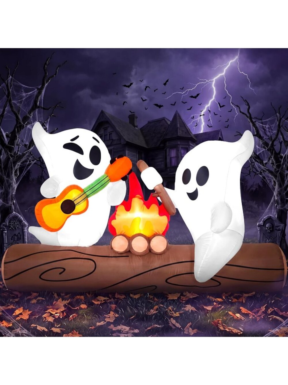 🎃6ft Long Halloween Inflatable Cute Blow Up Ghost Roasts Cotton Candy Build LED